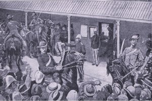 Koloniale versterkingen voor Zuid-Afrika: Een stormloop van aanmeldingen voor inschrijving in Sydney, uit After Pretoria: The Guerilla War gepubliceerd door Harmsworth Bros Limited, 1901 door Henry Marriott Paget
