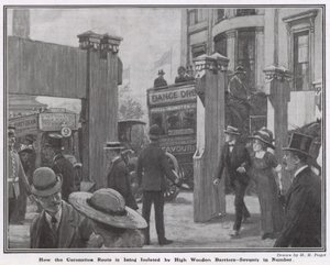 Hoe de kroningsroute wordt geïsoleerd door hoge houten barrières door Henry Marriott Paget
