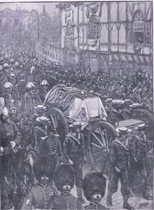 De begrafenis van de Koningin, de laatste fase, illustratie uit Cassells Geschiedenis van Engeland, 1900s door Henry Marriott Paget