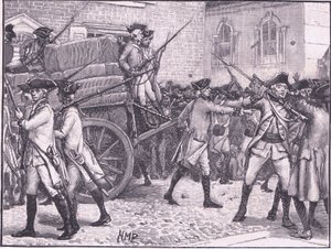 Troepen begeleiden het gestempelde papier naar het stadhuis, New York AD 1765 door Henry Marriott Paget