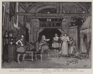 Onder de Rode Mantel in het Haymarket Theatre, de scène tussen Kapitein Larolle en Gil de Berault in het Kasteel