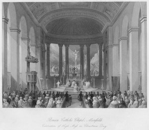 Rooms-Katholieke Kapel, Moorfields. Viering van de Hoogmis op Eerste Kerstdag, ca. 1841 door Henry Melville
