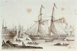 Schetsen van schepen getekend en geëtst door Henry Moses: hulken bij Sheerness