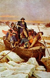 George Washington steekt de Delaware rivier over, 25 december 1776. Een incident in de Revolutionaire Oorlog 1775-1783 (Amerikaanse Onafhankelijkheidsoorlog) toen George Washington (1732-1799) opperbevelhebber van het Amerikaanse leger was. Illustratie c19
