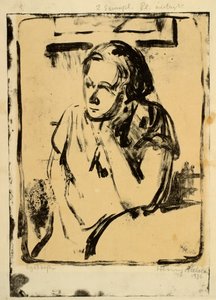 Vrouw zit aan ronde tafel met hand onder de kin door Henry Nielsen
