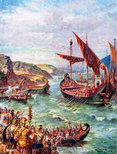 Vertrek van de Romeinen uit Groot-Brittannië na de plundering van Rome in 410 AD