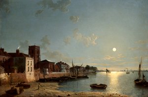 Cheyne Walk in Chelsea, bij Maanlicht, ca. 1850 door Henry Pether