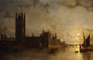 Westminster Abbey, de huizen van het parlement met de bouw van de Westminster Bridge, 1859 door Henry Pether