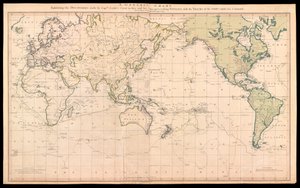 Een algemene kaart met de ontdekkingen van Kapitein James Cook in deze en zijn twee voorgaande reizen met de routes van de schepen onder zijn bevel