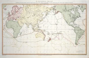 Algemene kaart met de ontdekkingen van kapitein James Cook in deze en zijn twee voorgaande reizen met de routes van de schepen onder zijn bevel. Door luitenant Roberts van de Koninklijke Marine door Henry Roberts