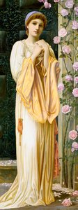 "A Fair Maid" Jonge vrouw gekleed in antieke stijl, met parelketting. Schilderij van Henry Ryland (1856-1924) (pre-raphaeliet) 1901 Privécollectie