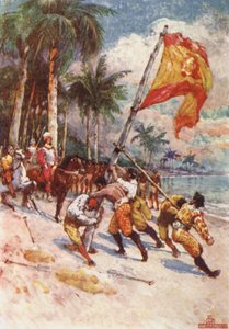 Het hijsen van de Spaanse vlag, de eerste vlag in Florida door Henry Sandham