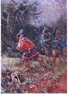Rode Indianen jagen in een sneeuwstorm