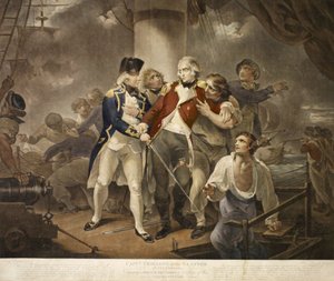 Kapitein Trollope in de Glatton van 54 carronades in gevecht met een Frans squadron van 8 oorlogsschepen met 230 kanonnen, gegraveerd door James Daniell, 1797
