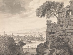 Landschap met ruïnes op de voorgrond, haven en dorp op de achtergrond