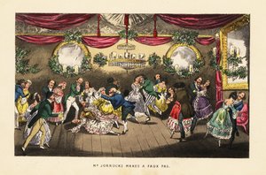 Dansers botsen tijdens een wals op een chic bal in Parijs door Henry Thomas (after) Alken