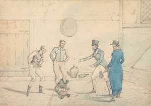 Een hanengevecht, gadegeslagen door vier mannen in een bijgebouw: Het gevecht, gegraveerd als plaat 39 in "The National Sports of Great Britain" door Henry Thomas Alken