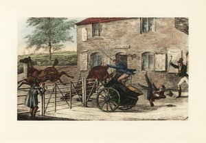 Engelse heren in een tweespan proberen een tolhek te springen door Henry Thomas Alken
