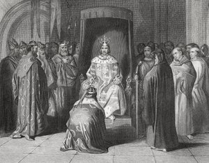 Koning Richard II die de koningen van Connaught, Ulster, Thomond en Leinster in 1394 tot ridder slaat, 