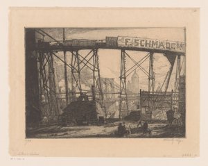 Gezicht op New York vanaf een werkplaats door Henry Wilfrid Deville (signed by artist)