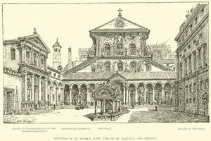 Exterieur van de Sint-Pietersbasiliek, Rome, tijd van St. Ignatius (gravure)