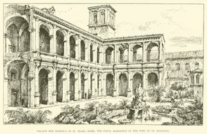Paleis en Basiliek van St. Mark, Rome, de pauselijke residentie in de tijd van St. Ignatius (gravure)