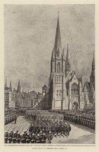 De Processie langs de kerk van dominee Newman Hall (Christ Church) in Westminster Bridge Road door Henry William Brewer