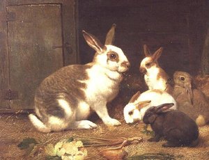 Konijnen aan het eten door Henry William Carter