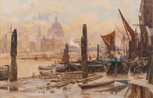 Aangemeerde Thames-schepen; St Pauls en Blackfriars Bridge in de verte door Herbert Menzies Marshall