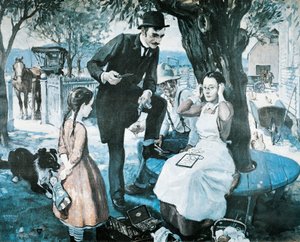 De brillenverkoper in de late 1800s, reclame voor de American Optical Company
