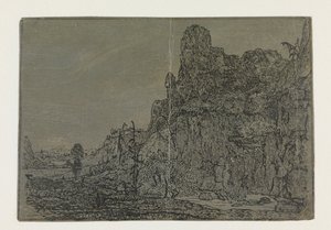 Landschap met een steile klif (kleine versie) door Hercules Segers