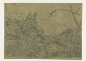 Bergvallei, rechts een man met een stok door Hercules Segers