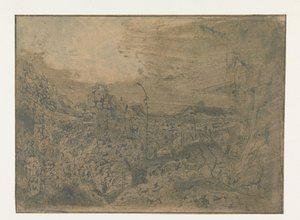 Rotsachtig landschap met een man die naar rechts loopt, eerste versie door Hercules Segers
