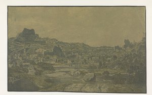 Vallei met een rivier en een stad met vier torens door Hercules Segers