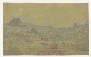 Vallei met een rivier en een stad met vier torens door Hercules Segers