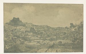 Vallei met een rivier en een stad met vier torens door Hercules Segers