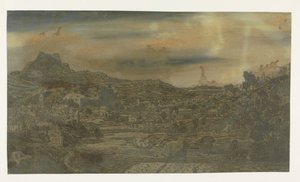 Vallei met een rivier en een stad met vier torens door Hercules Segers