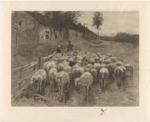 Herder en een vrouw bij een schaapskudde