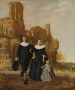 Portret van een echtpaar met hun kind in een landschap door Herman Meynderts Doncker