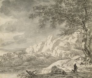 Bergachtig landschap met een wandelaar door Herman Nauwincz