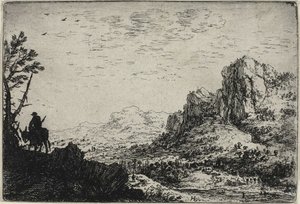 Een reiziger op een ezel, uit Zes landschappen door Herman Saftleven