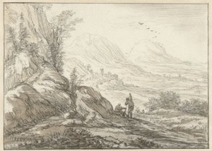 Berglandschap met gezicht op een dal door Herman Saftleven