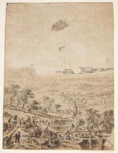 Panoramisch Landschap met Boeren, Vissers en een Dorpskerk door Herman Saftleven