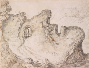 Rotsachtig landschap met ruïnes, vormend het profiel van een mans gezicht, ca. 1650 door Herman Saftleven