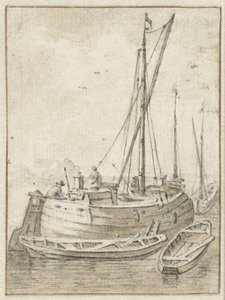 Schuit met twee roeibootjes door Herman Saftleven