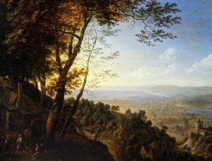 Een boslandschap met boeren bij een huisje