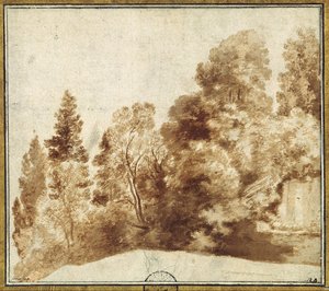 Groep bomen bij een muur door Herman van Swanevelt