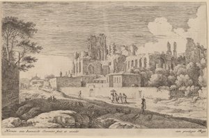 Landschap met Ruïnes en een Vrouw met een Parasol door Herman van Swanevelt