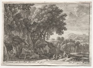 Landschap met Satyrs door Herman van Swanevelt