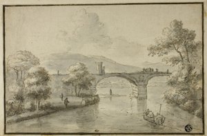Rivier met Gebogen Brug en Boot door Herman van Swanevelt